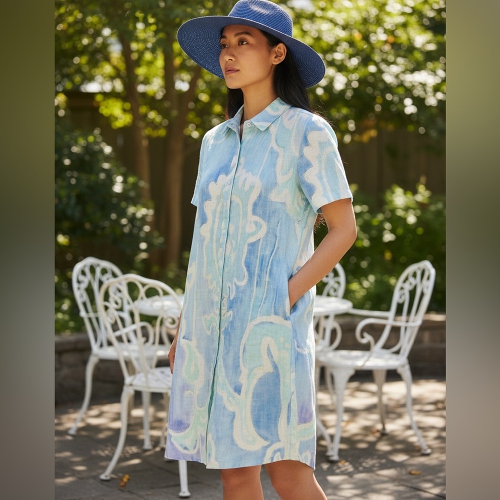 Amanda Johnson Studio 100% Linen Blue Abstract Print Button Front Shirt Dress M